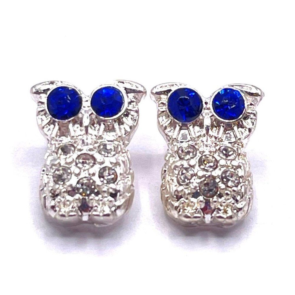 Silver With Blue Sapphire And White Crystal Owl 316l Post Back Stud Earrings